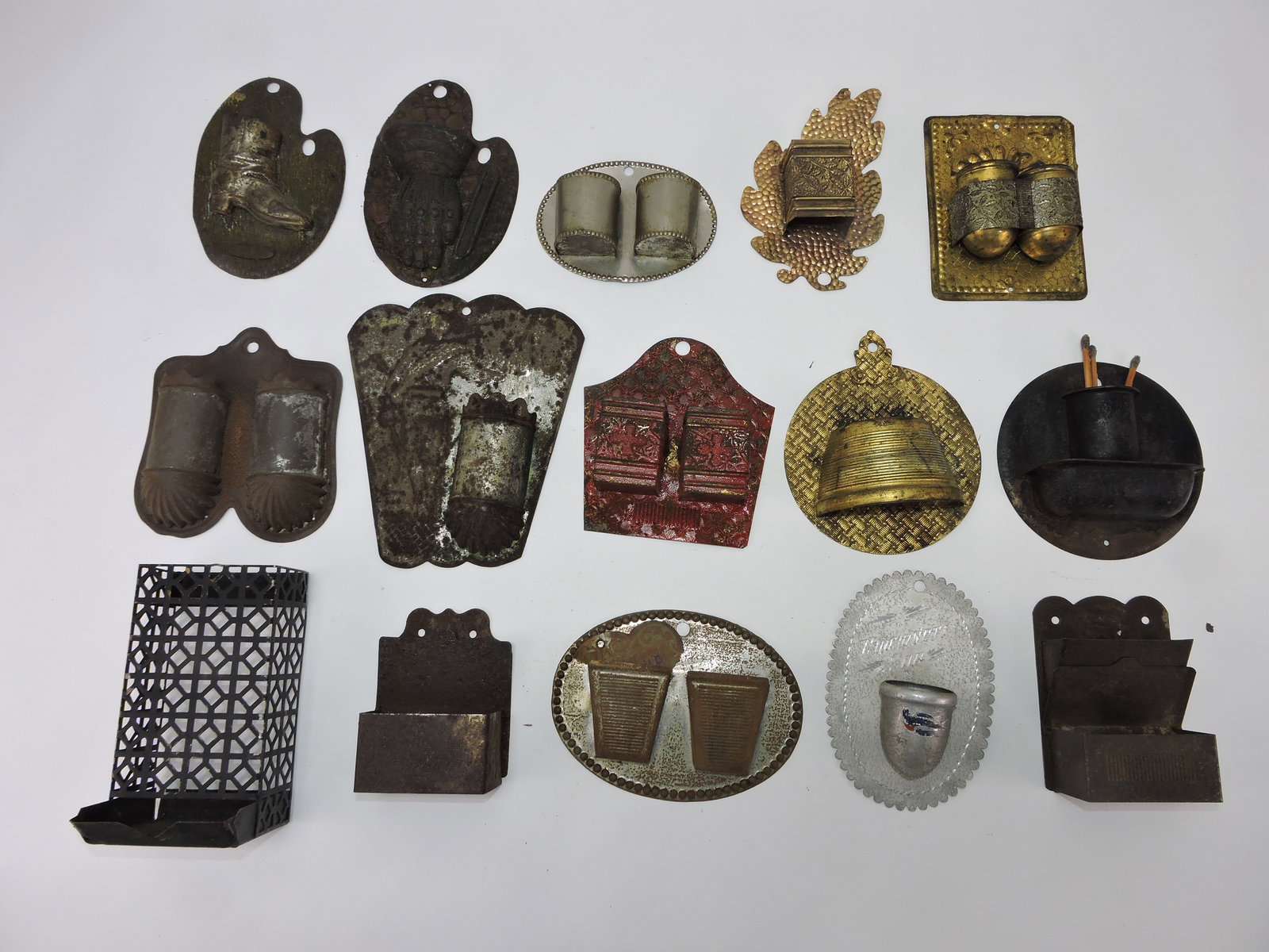 Lot of 15 tin wall match holders,: various condition