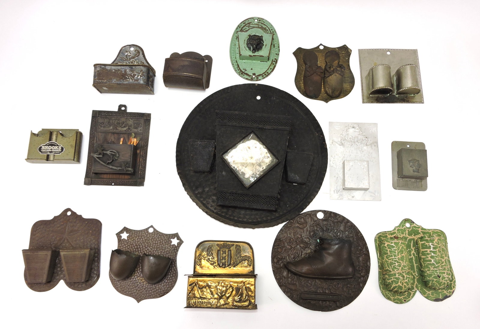 Lot of 15 tin wall match holders,: various condition