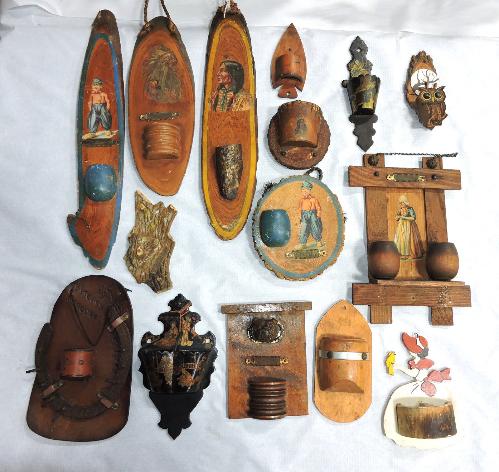 Lot of 15 wooden wall match holders,: various condition