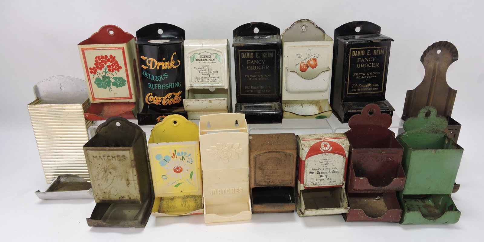 Lot of 15 wall match holders,: some with advertising