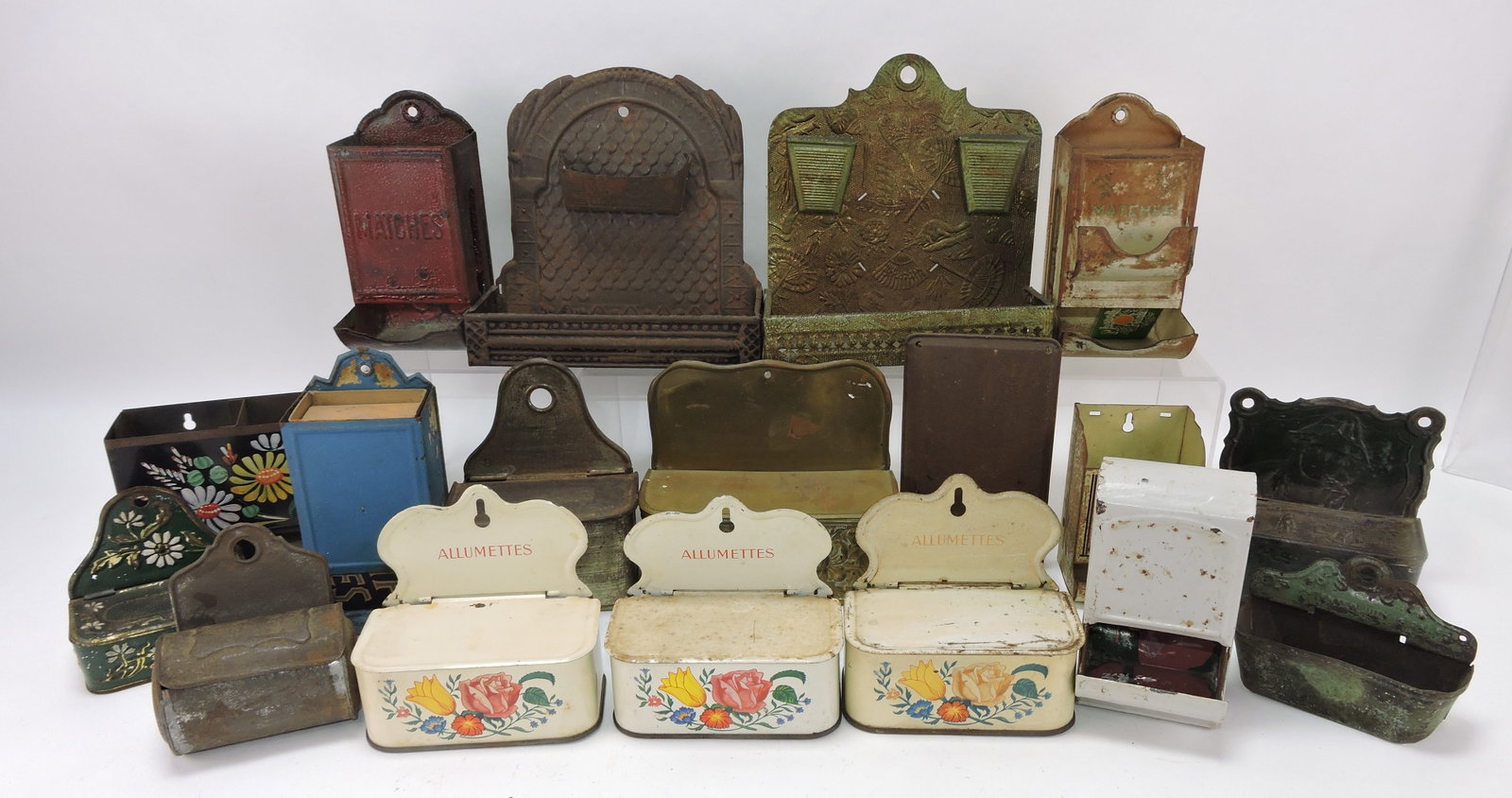 Lot of 18 tin wall match holders: .