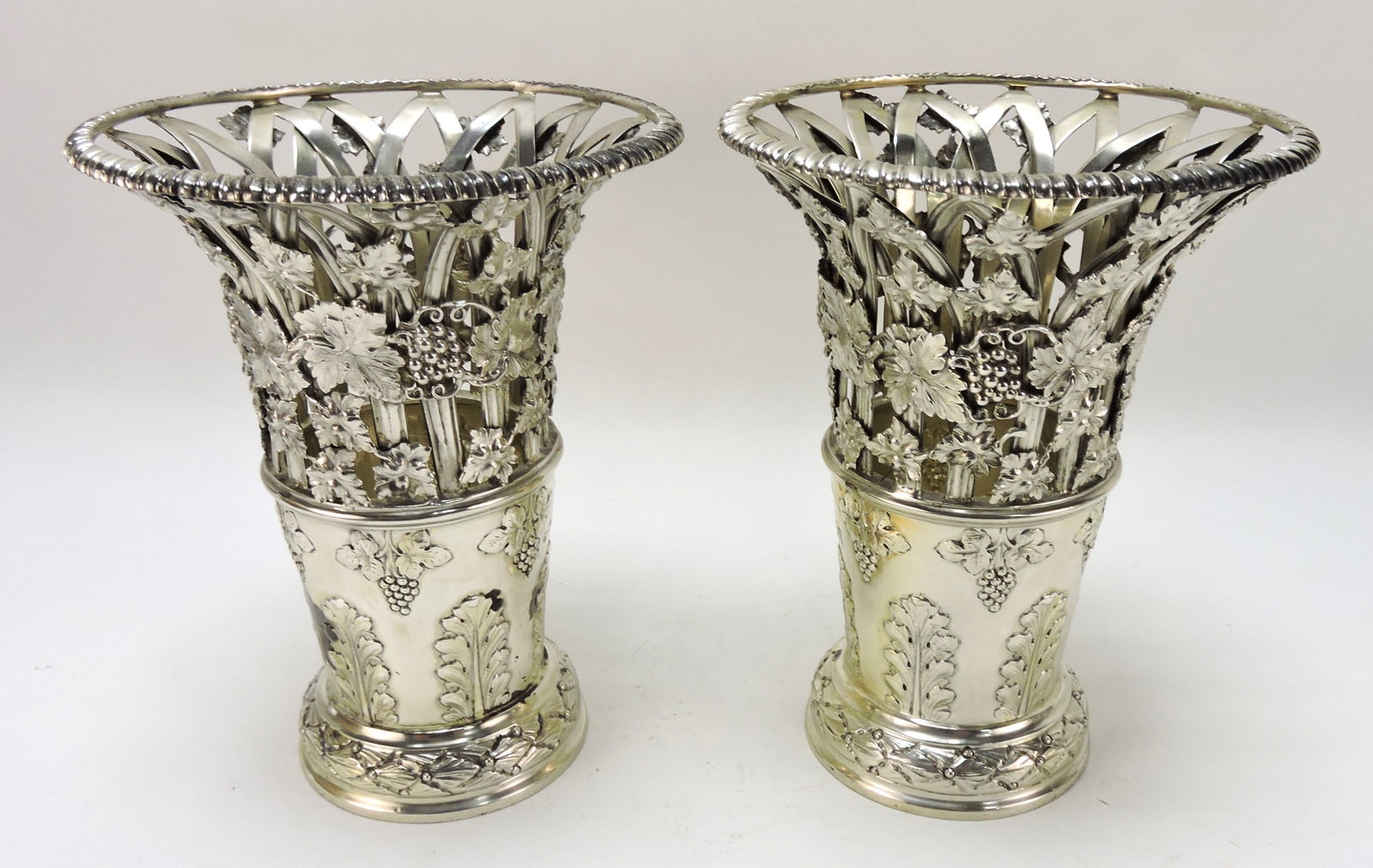 English silver pair of reticulated vases,: 7", hallmarks, 36.7ozt