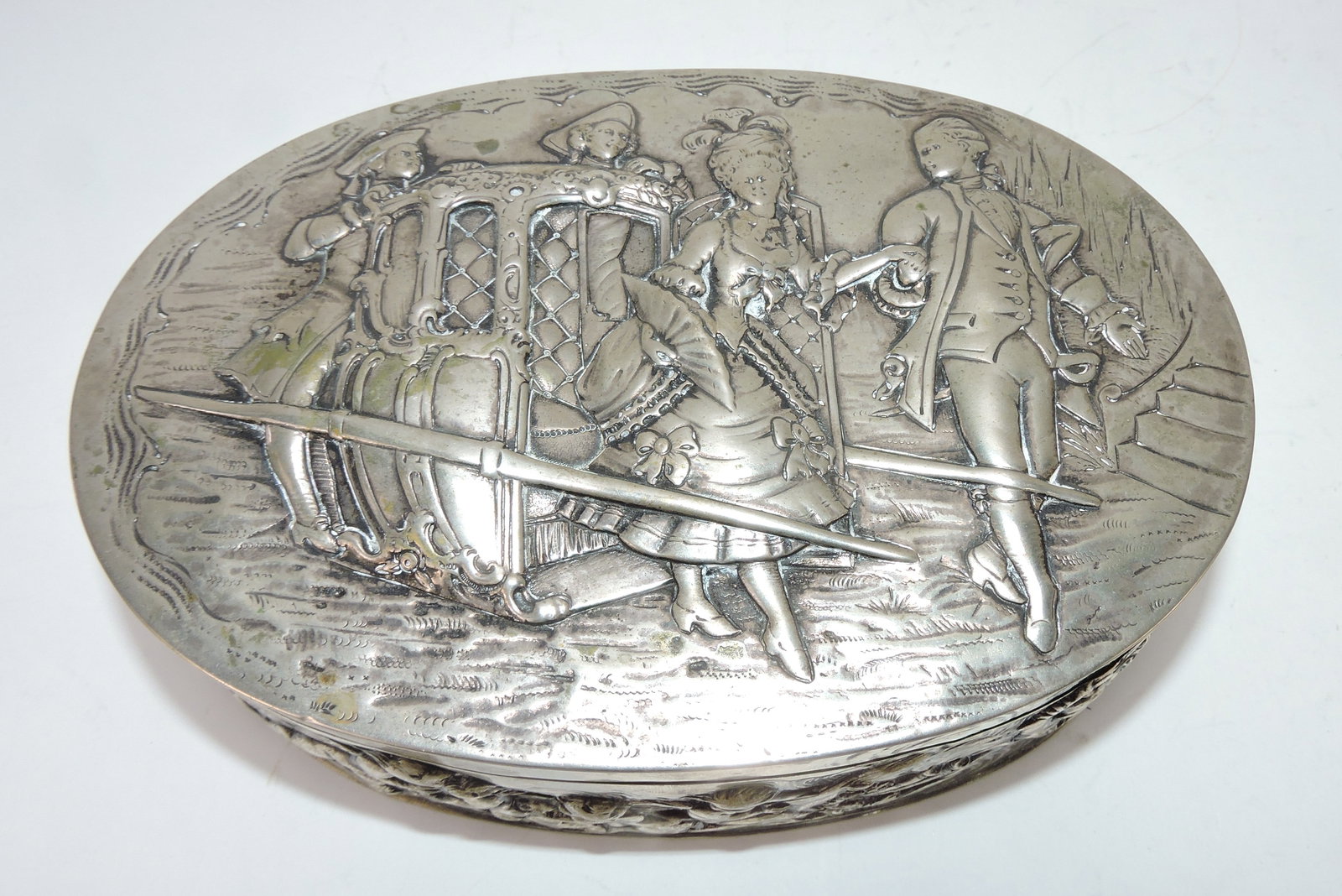 .800 silver embossed oval dresser box, (1 of 3)