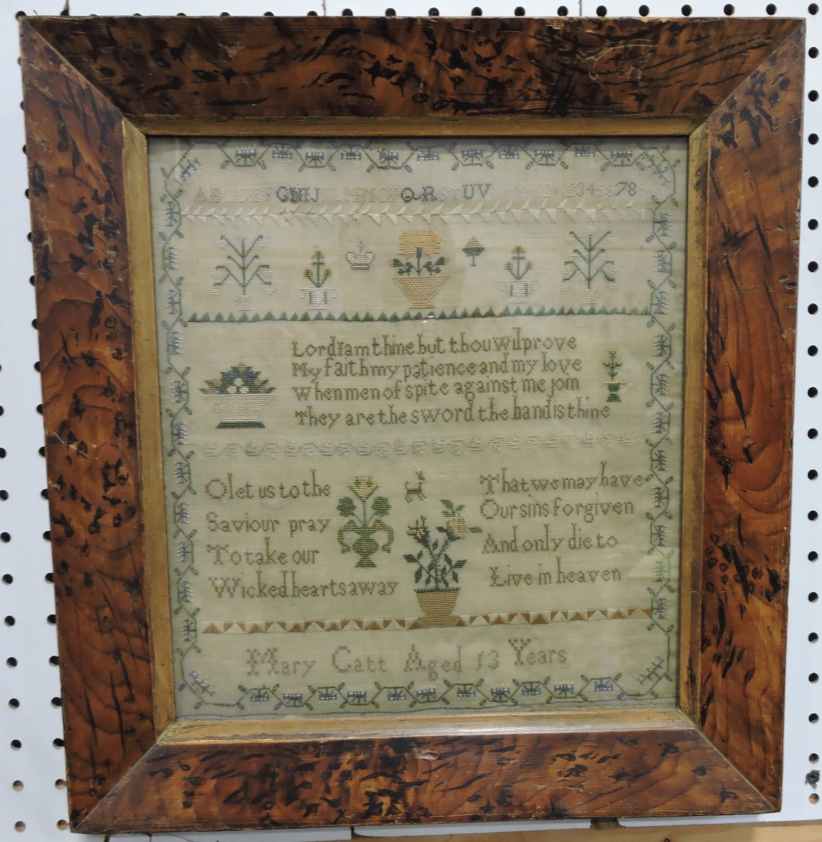 Early sampler by Mary Catt, 17 1/2" x: 16"