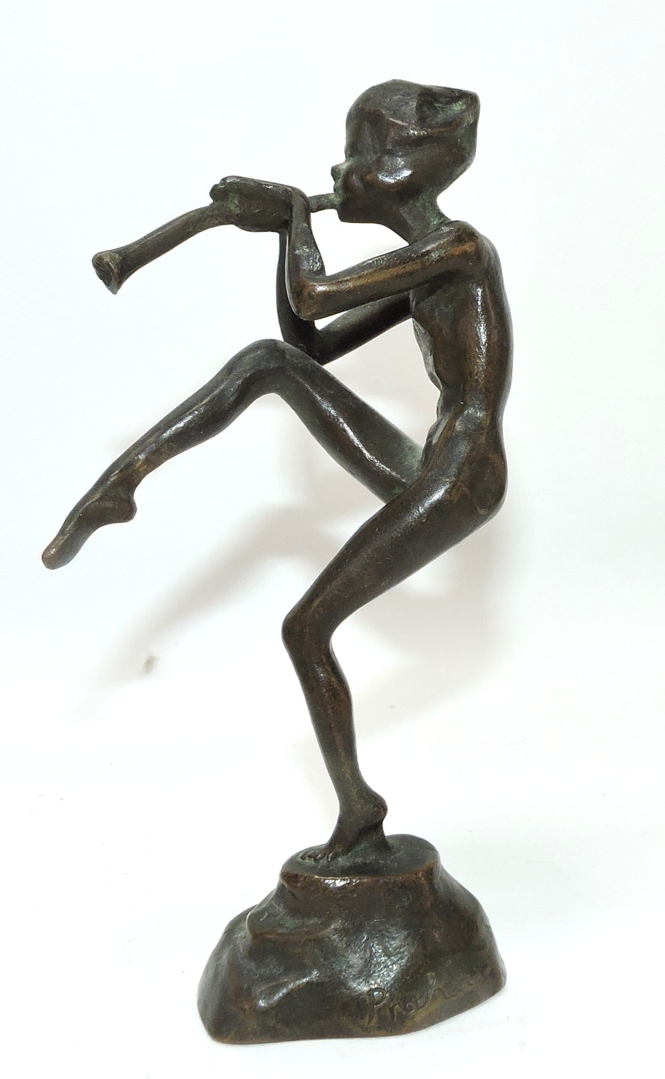 Renee Prahar bronze sculpture of Nymph: playing horn, 6", signed