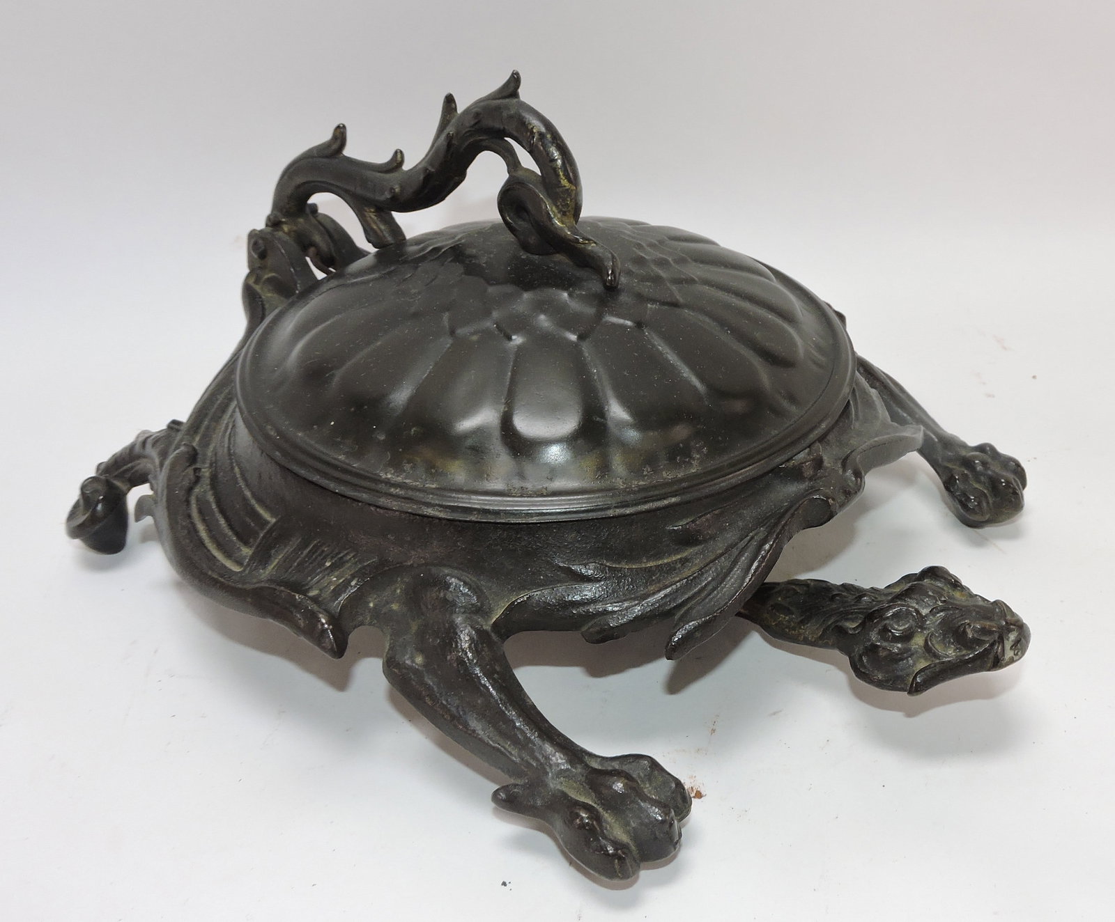 Cast iron turtle spittoon, stepping on head: lifts the shell, 12"