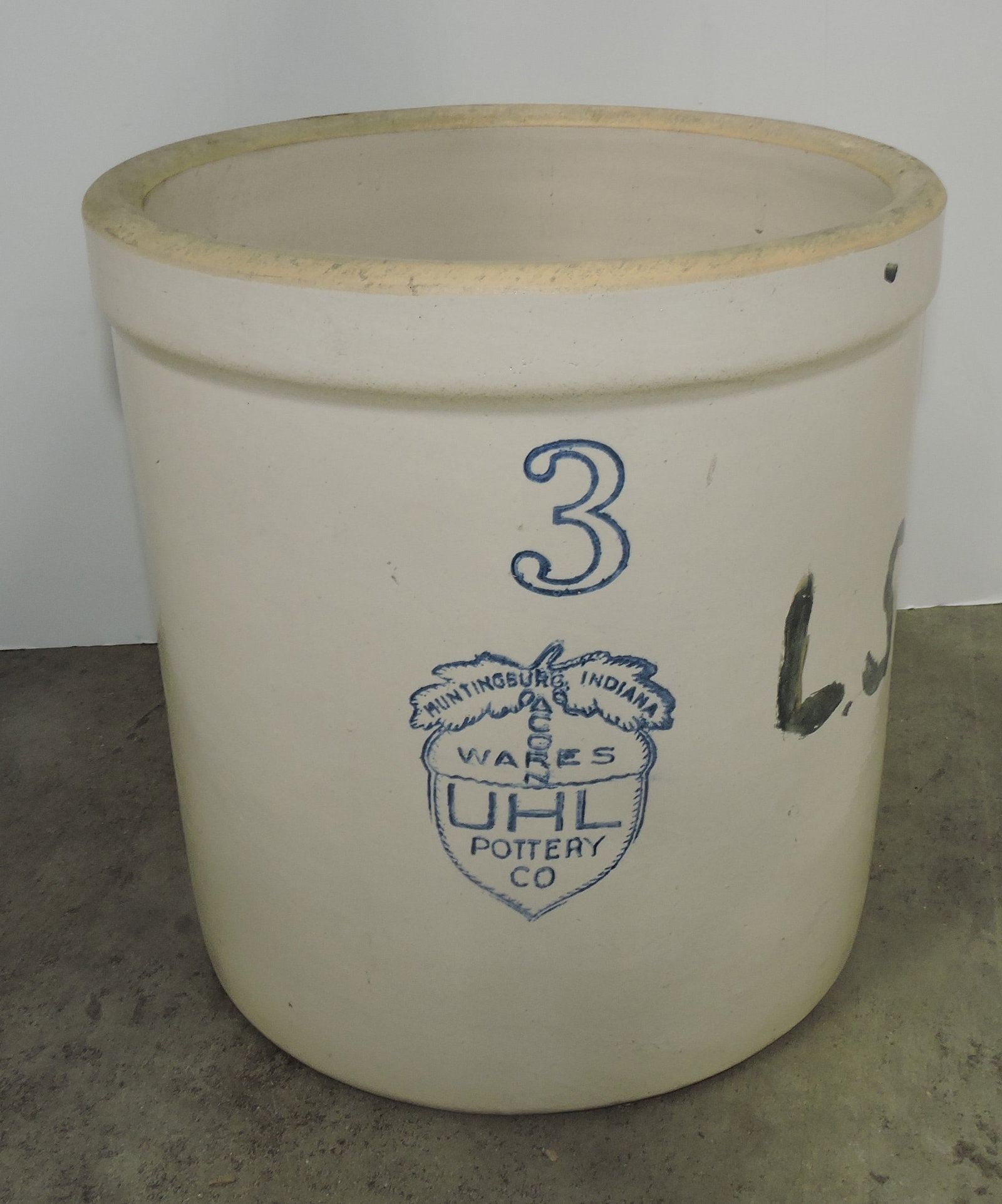 Uhl 3 gallon crock, writing inside: .