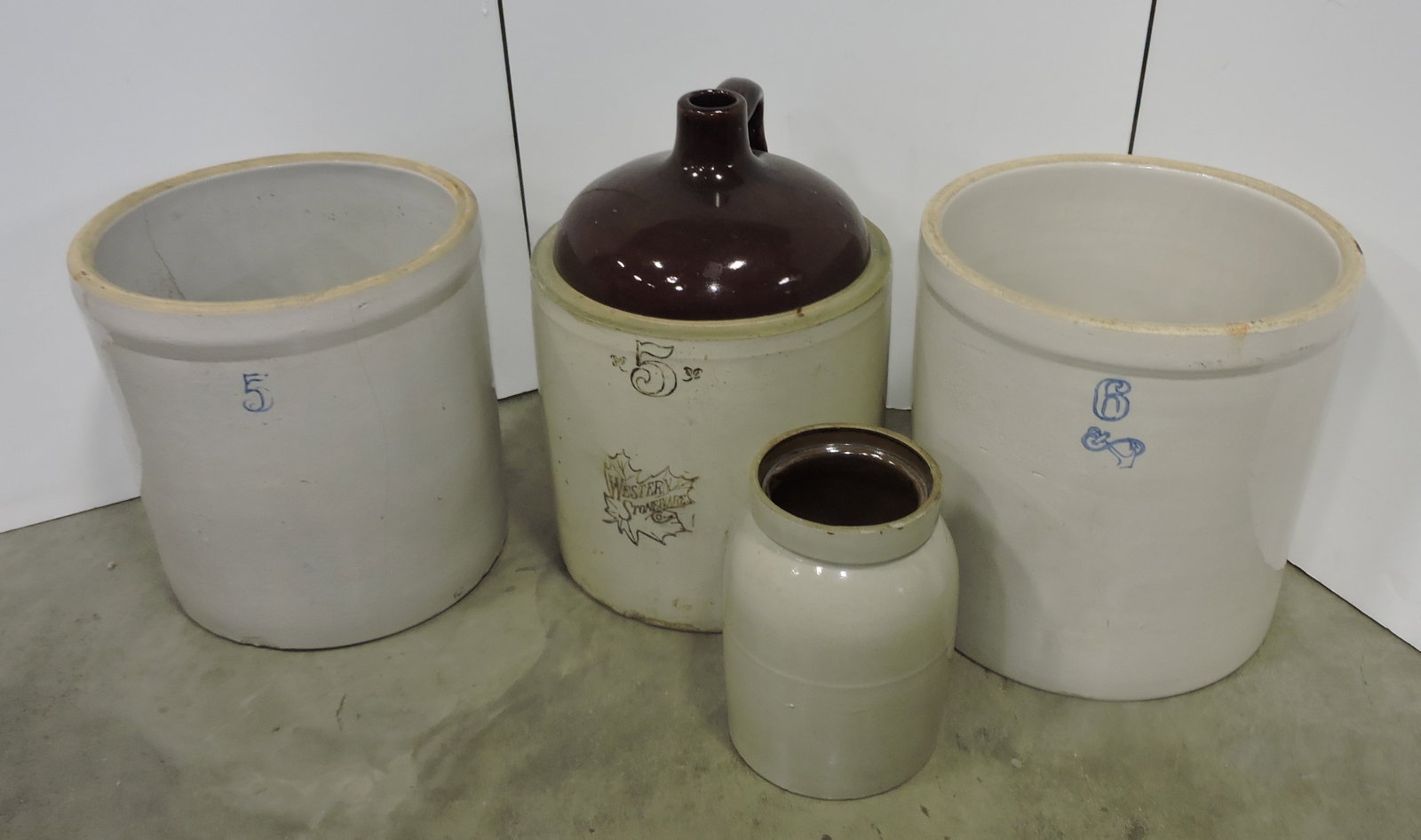 Lot of 3 crocks and 1 crock jug, various (1 of 1)