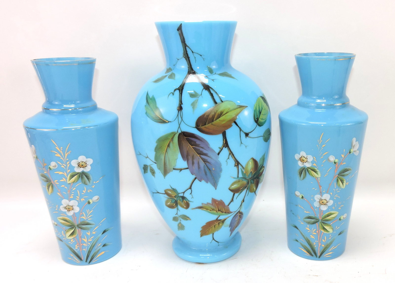 Blue Bristol glass lot of 3 vases,: 9 1/2" to 11"