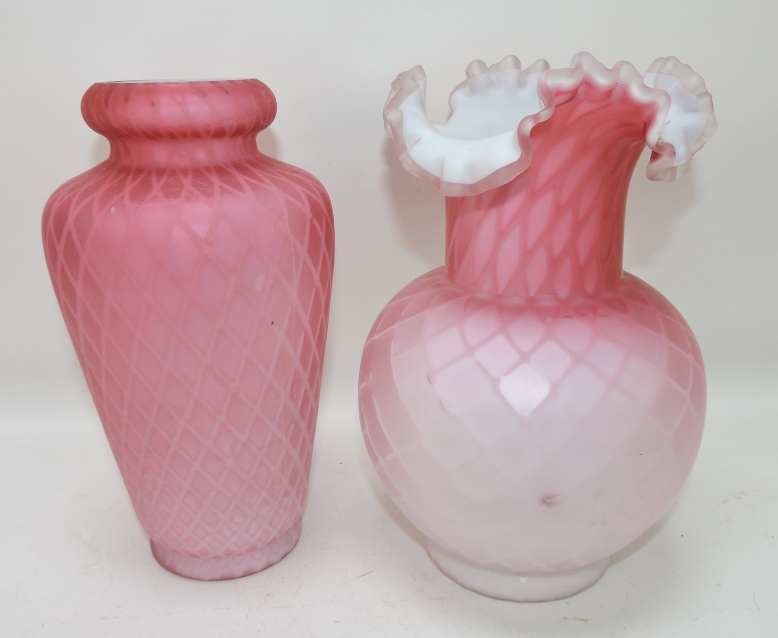 Pink satin MOP diamond lot of 2 vases,: various condition