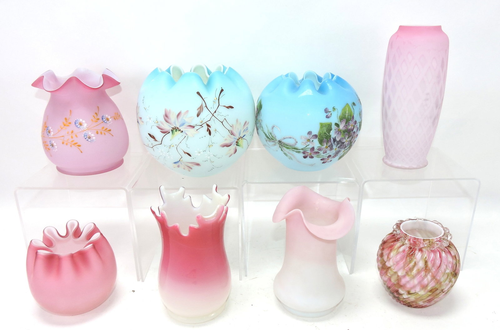 Lot of 8 vases/rose bowls, 3 1/2" to: 6 1/2"