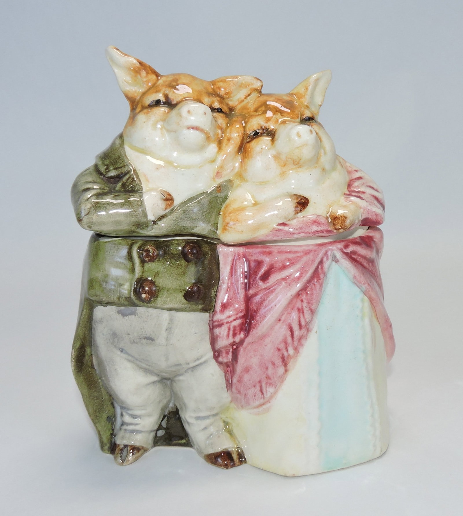 Majolica pig couple figural tobacco jar (1 of 1)