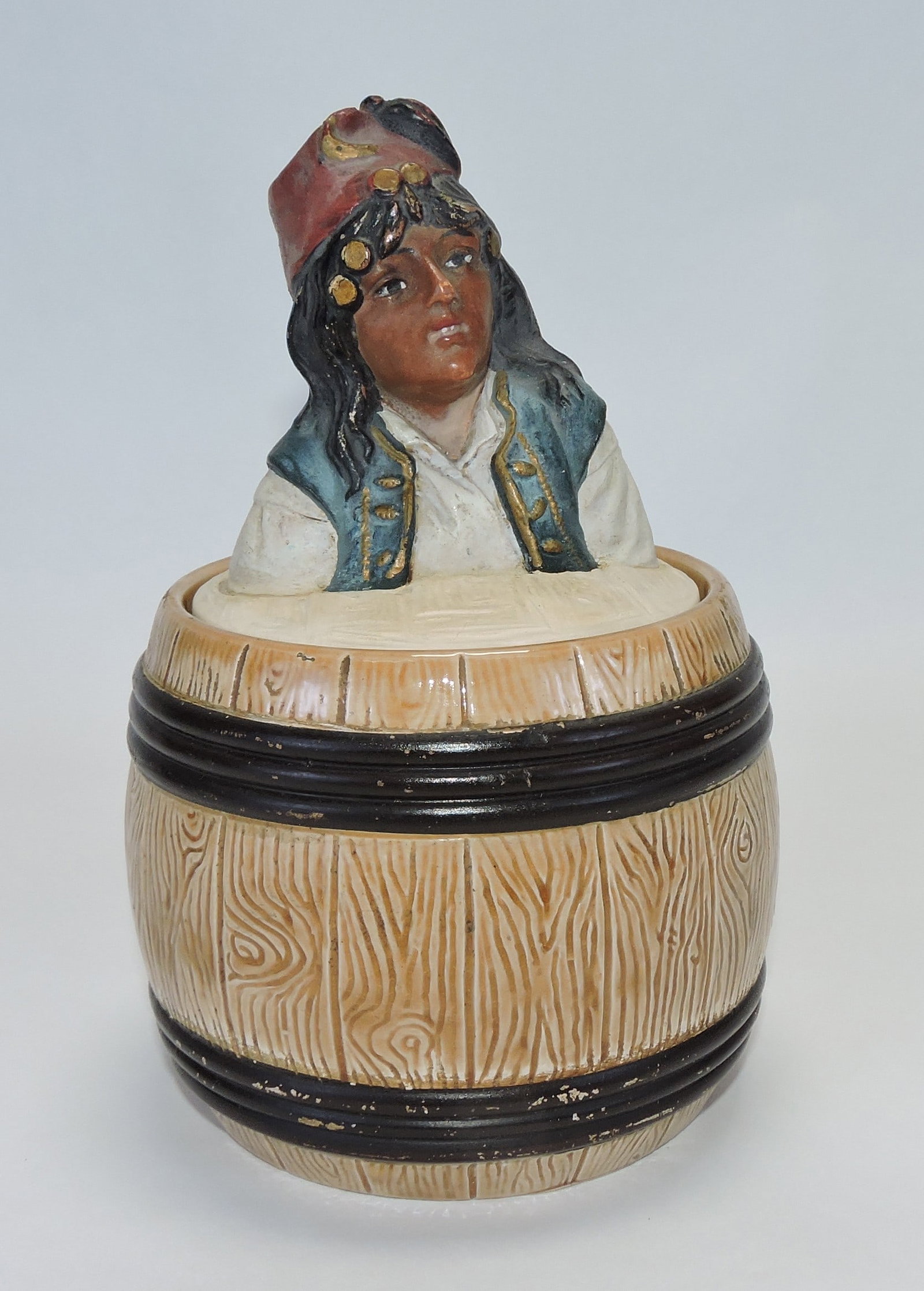 J. Maresch gypsy in a barrel figural: tobacco jar, 6 1/2", ref. Figural Humidors by Horowitz #758