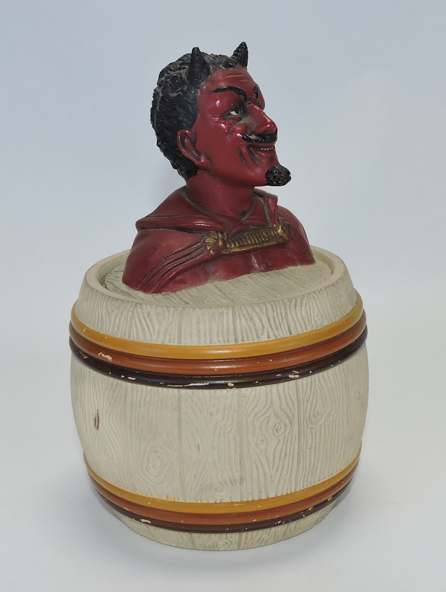 J. Maresch terra cotta devil in a barrel: figural tobacco jar, ref. Figural Humidors by Horowitz #752, 7 1/2"
