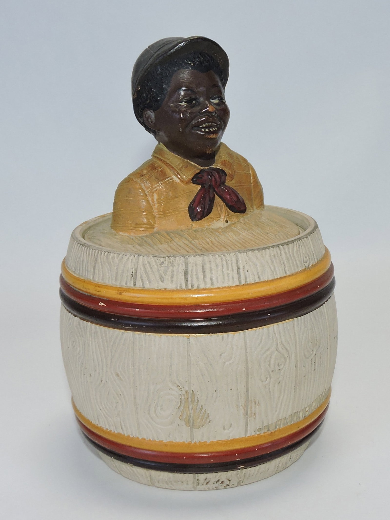J. Maresch terra cotta Black American: jockey figural tobacco jar, 7"