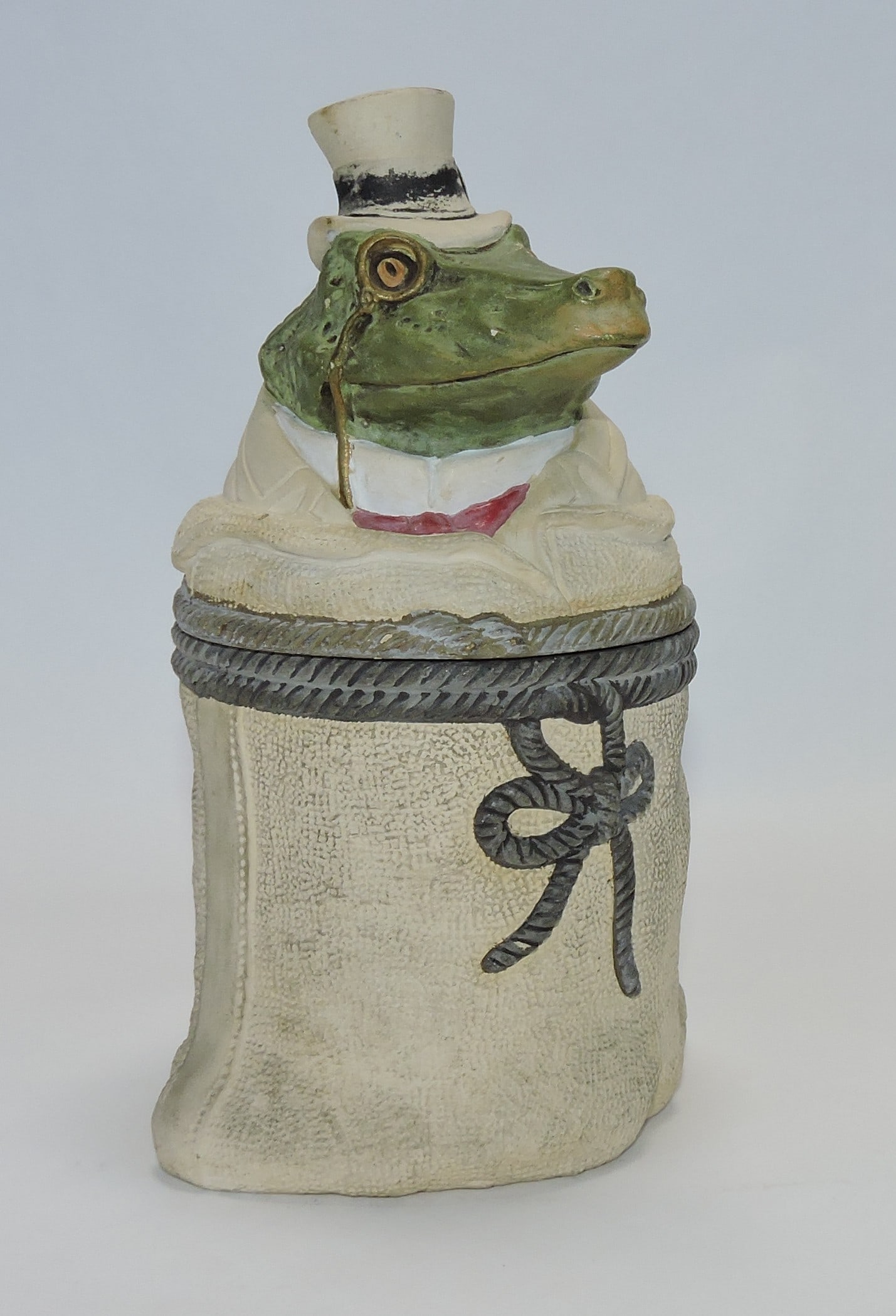 J. Maresch terra cotta alligator in a: sack figural tobacco jar, ref. Figural Humidors by Horowitz #786, 8 1/2"