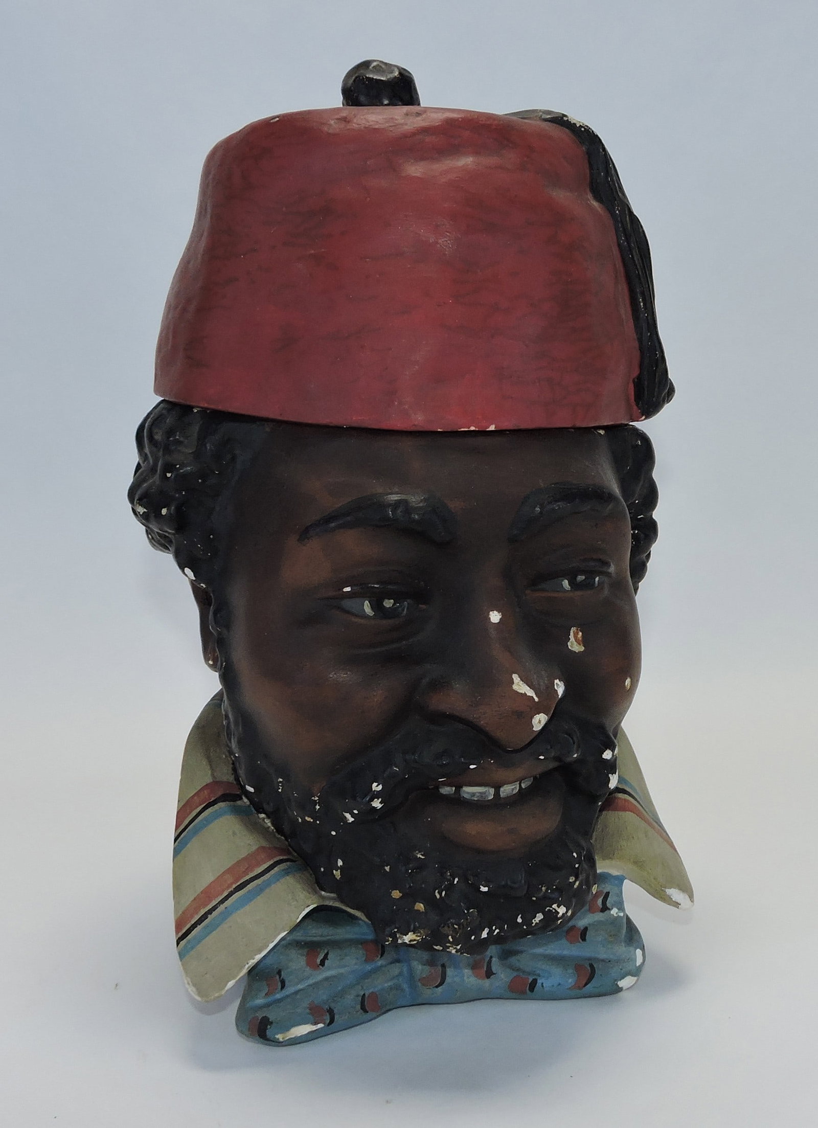 Large chalkware Blackamoor humidor,: some paint loss, 12"