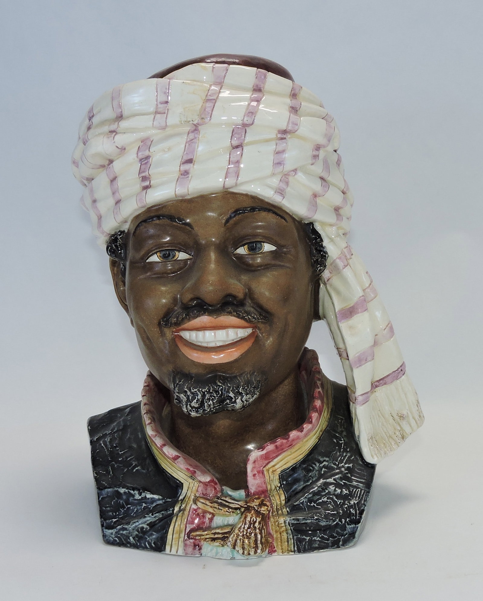 Majolica large Blackamoor figural: tobacco jar, professional repair to lid, 11 1/2"