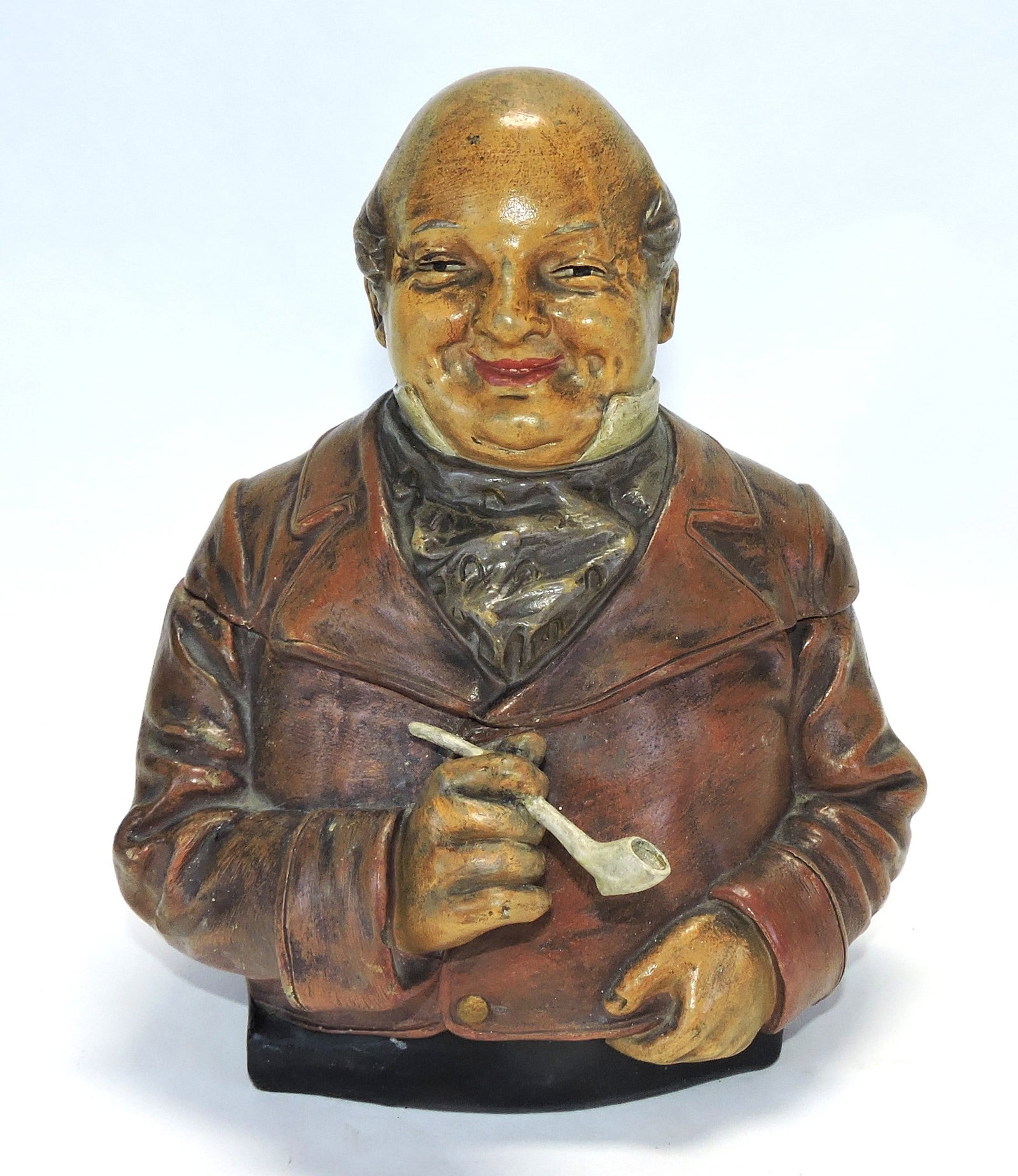 J. Maresch terra cotta figural tobacco: jar of bald man with pipe, 9"