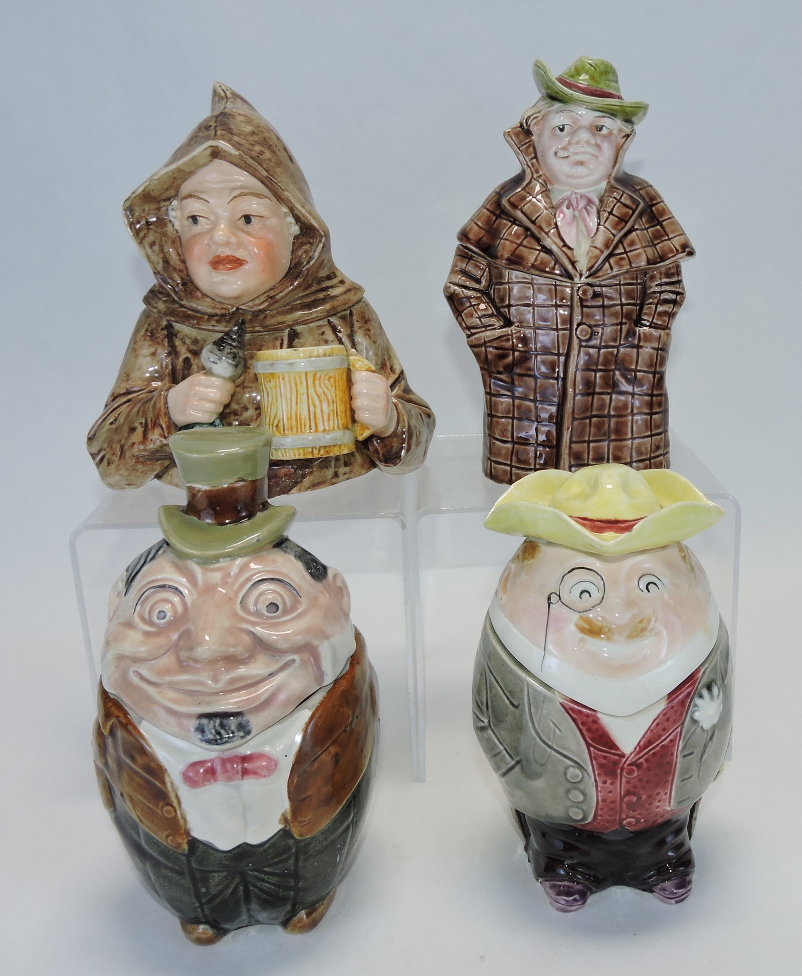 Majolica lot of 4 figural tobacco jars,: 6" to 7 1/2"