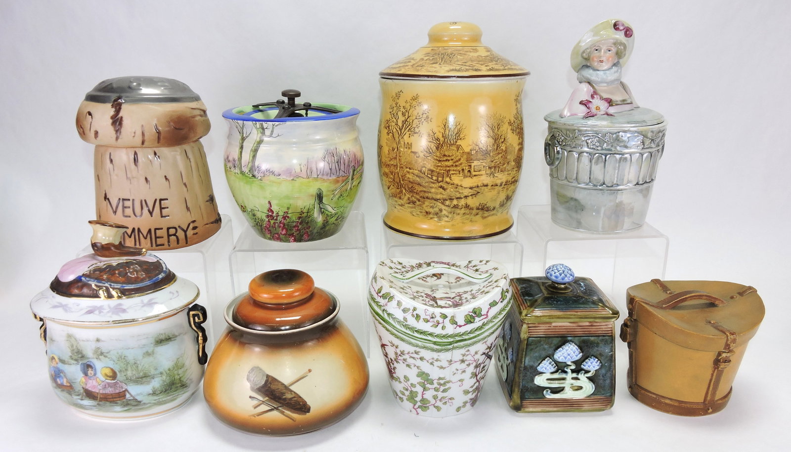 Lot of 9 assorted tobacco jars,: 4 1/2" to 8"