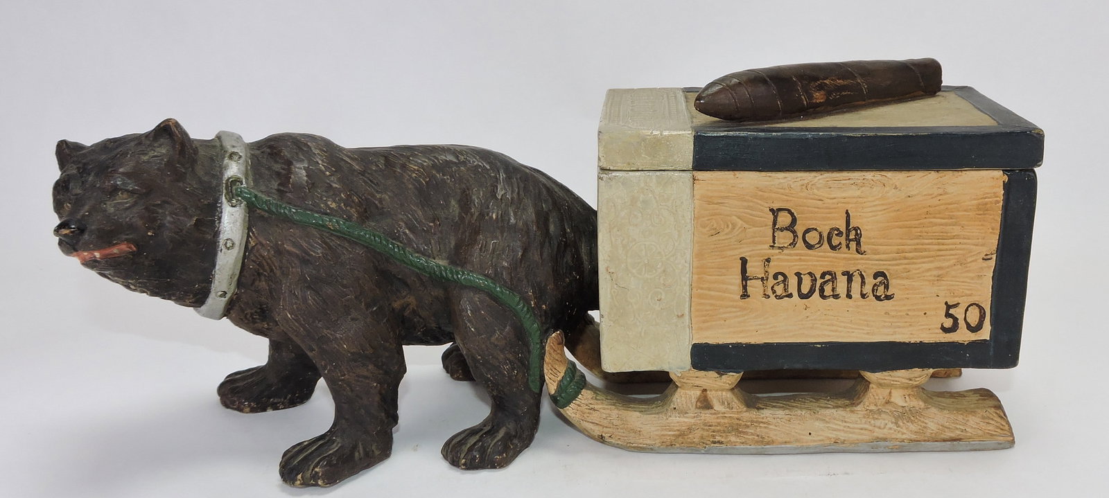 J. Maresch terra cotta figural tobacco: jar of a bear pulling a Havana cigar box sled, ref. Figural Humidors by Horowitz #804, 5"x10"