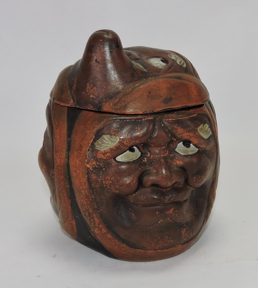 Terra cotta 'Eerie' head with three: faces figural tobacco jar, ref. Figural Humidors by Horowitz #126, 6 1/2"