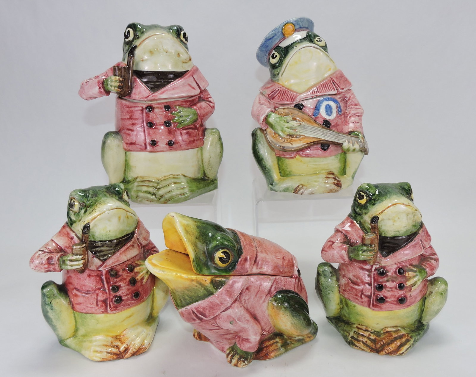 Majolica set of 5 frog figural tobacco (1 of 1)