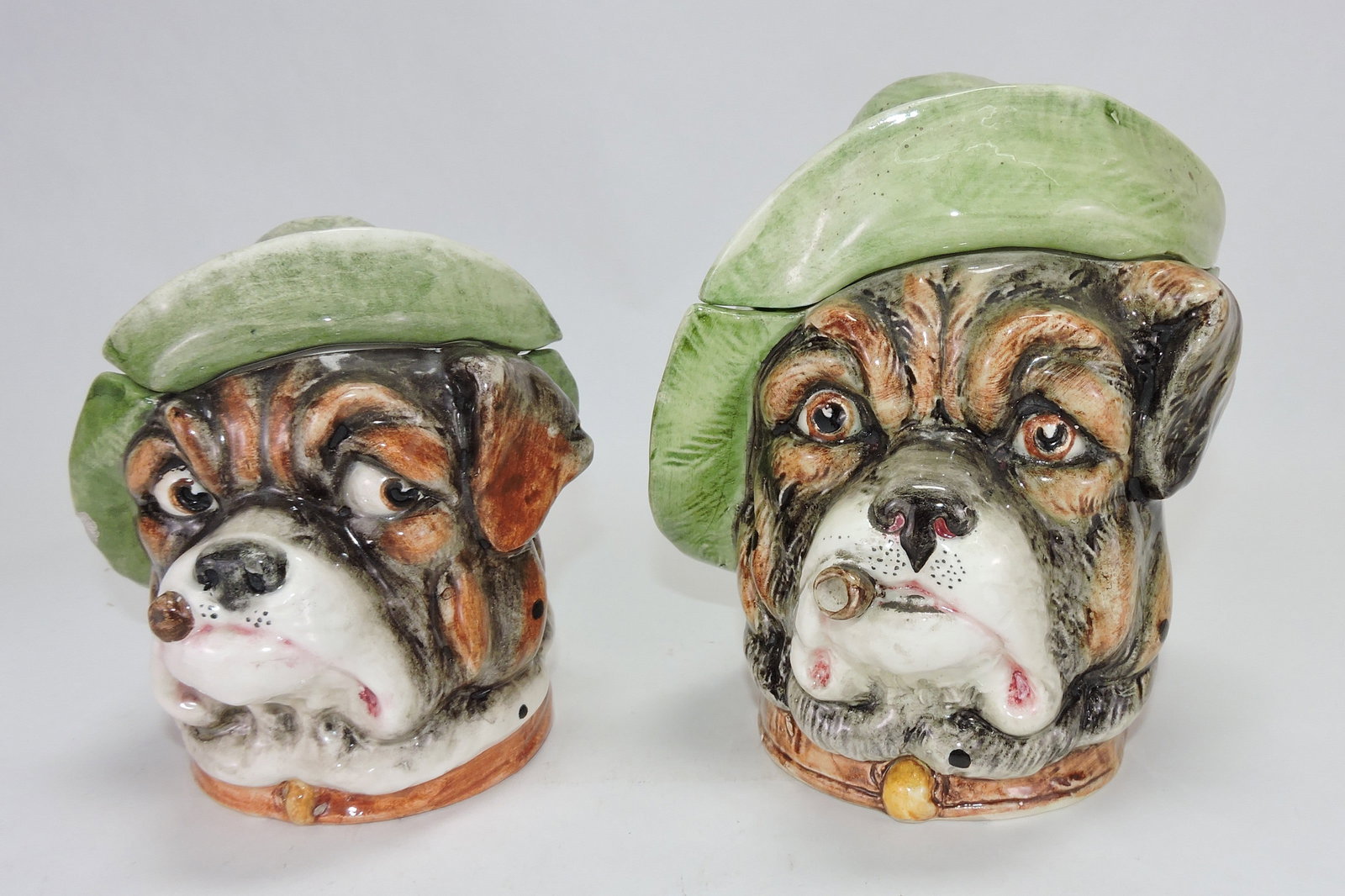 Majolica pair of dog head figural: tobacco jars, 5 1/2" & 7", ref. Figural Humidors by Horowitz #590