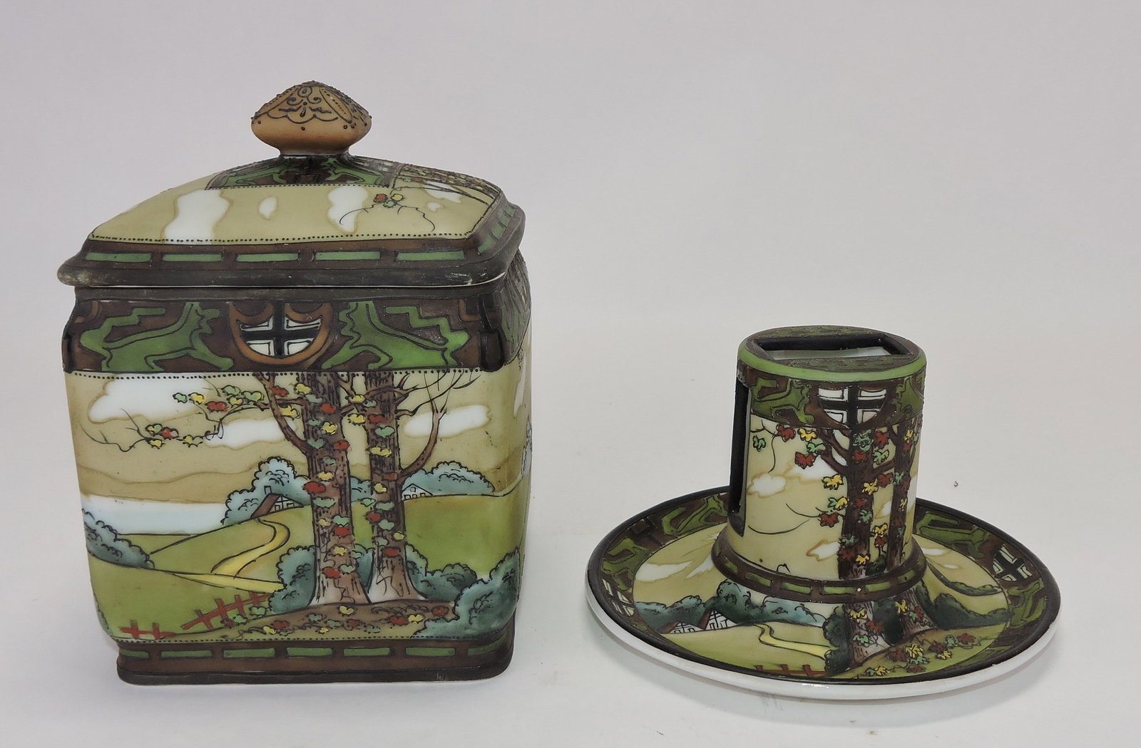 Nippon porcelain Woodland humidor: and matching match holder, 6". The Dwight & Helen Wilmoth Collection