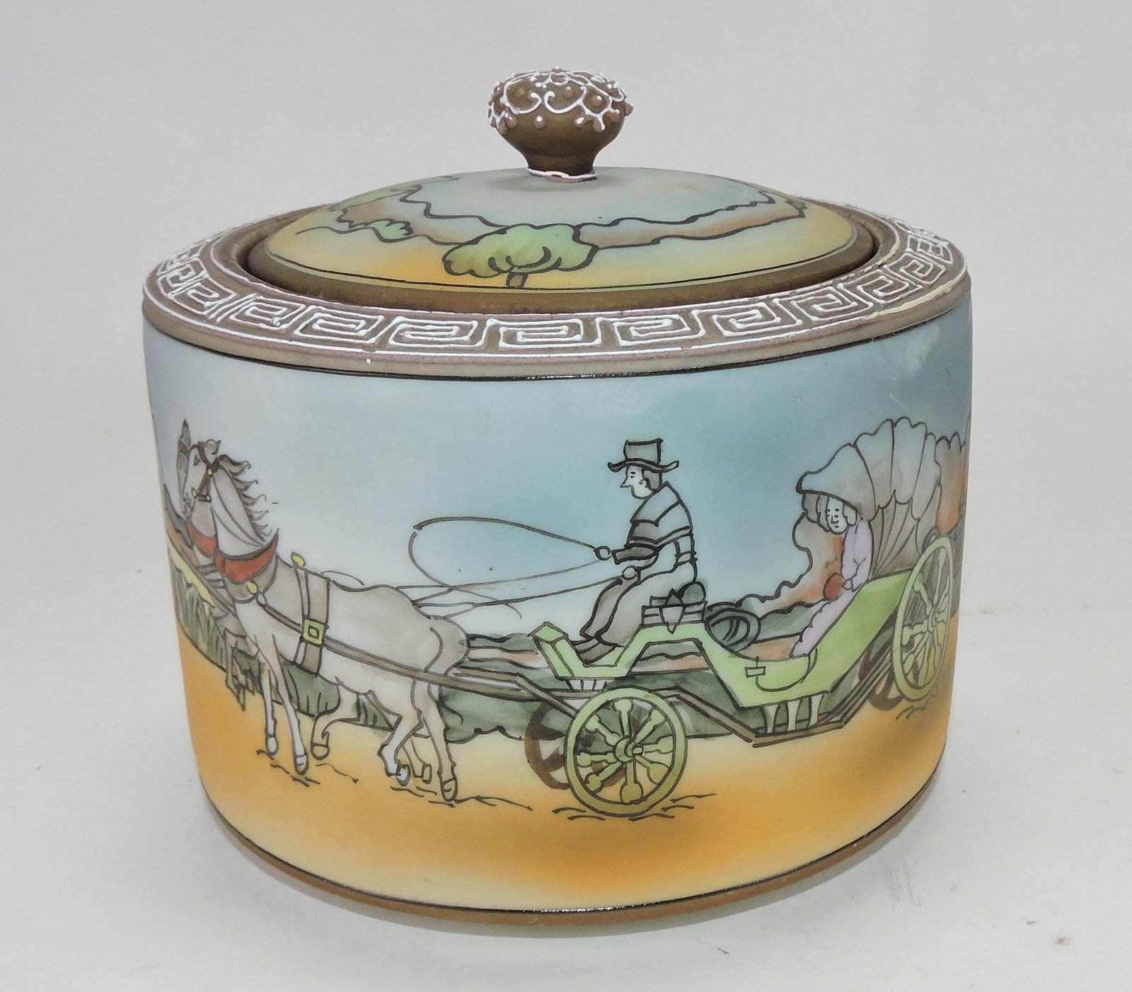 Nippon porcelain humidor with carriage: scene, 5". The Dwight & Helen Wilmoth Collection