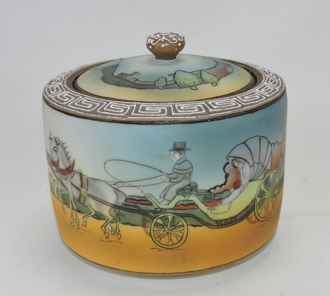 Nippon porcelain humidor with carriage: scene, 5". The Dwight & Helen Wilmoth Collection