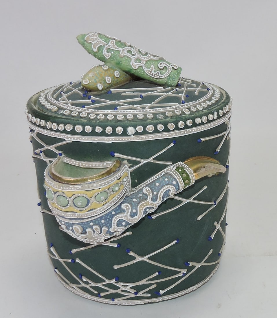 Nippon (unmarked) moriage porcelain: humidor with pipe, cigars, and scattered blue tip matches, 6". The Dwight & Helen Wilmoth Collection