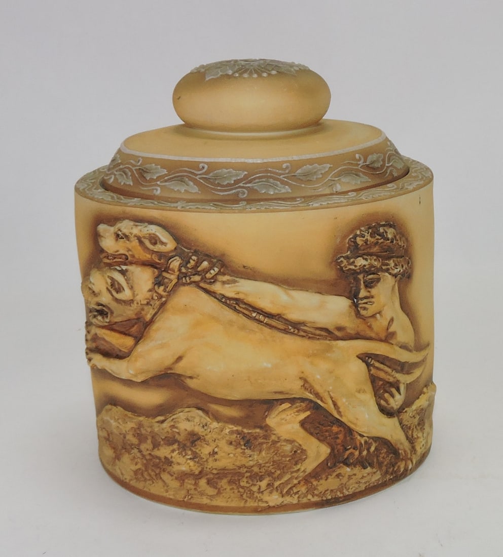Nippon porcelain humidor with Apollo: and rearing dogs molded in relief, 6". The Dwight & Helen Wilmoth Collection