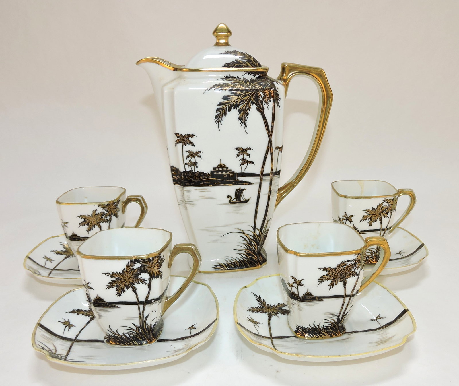 Nippon Silhouette chocolate pot 8 1/2",: and 4 cups/saucers. The Dwight & Helen Wilmoth Collection