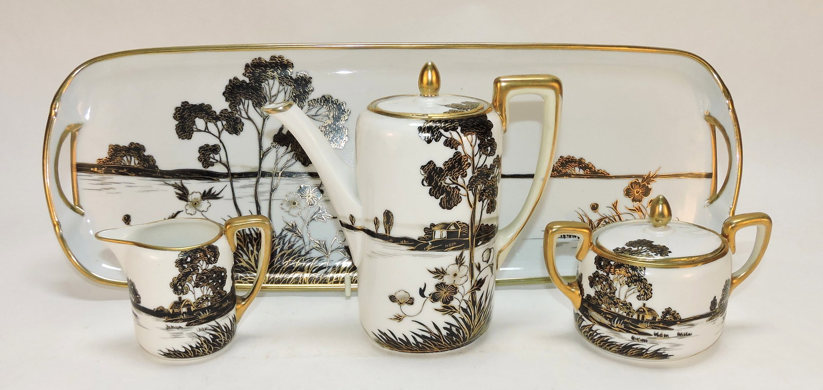 Nippon Silhouette 3 pc demitasse set: with 17 1/2" tray. The Dwight & Helen Wilmoth Collection