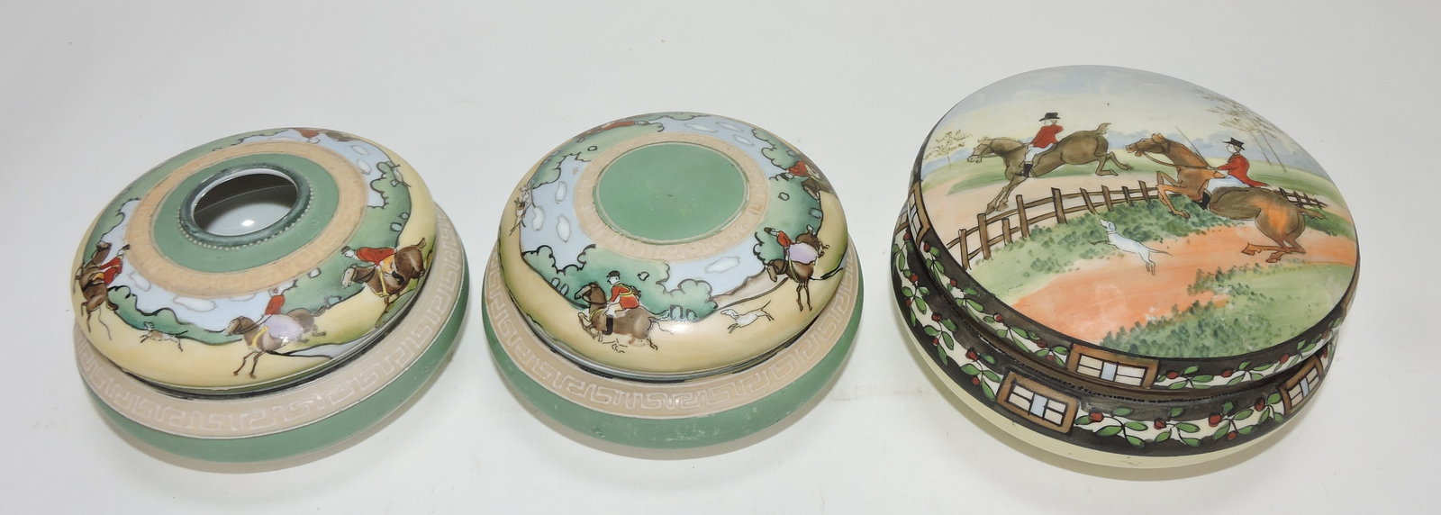 Nippon Fox Hunt lot of 3 dresser jars.: The Dwight & Helen Wilmoth Collection