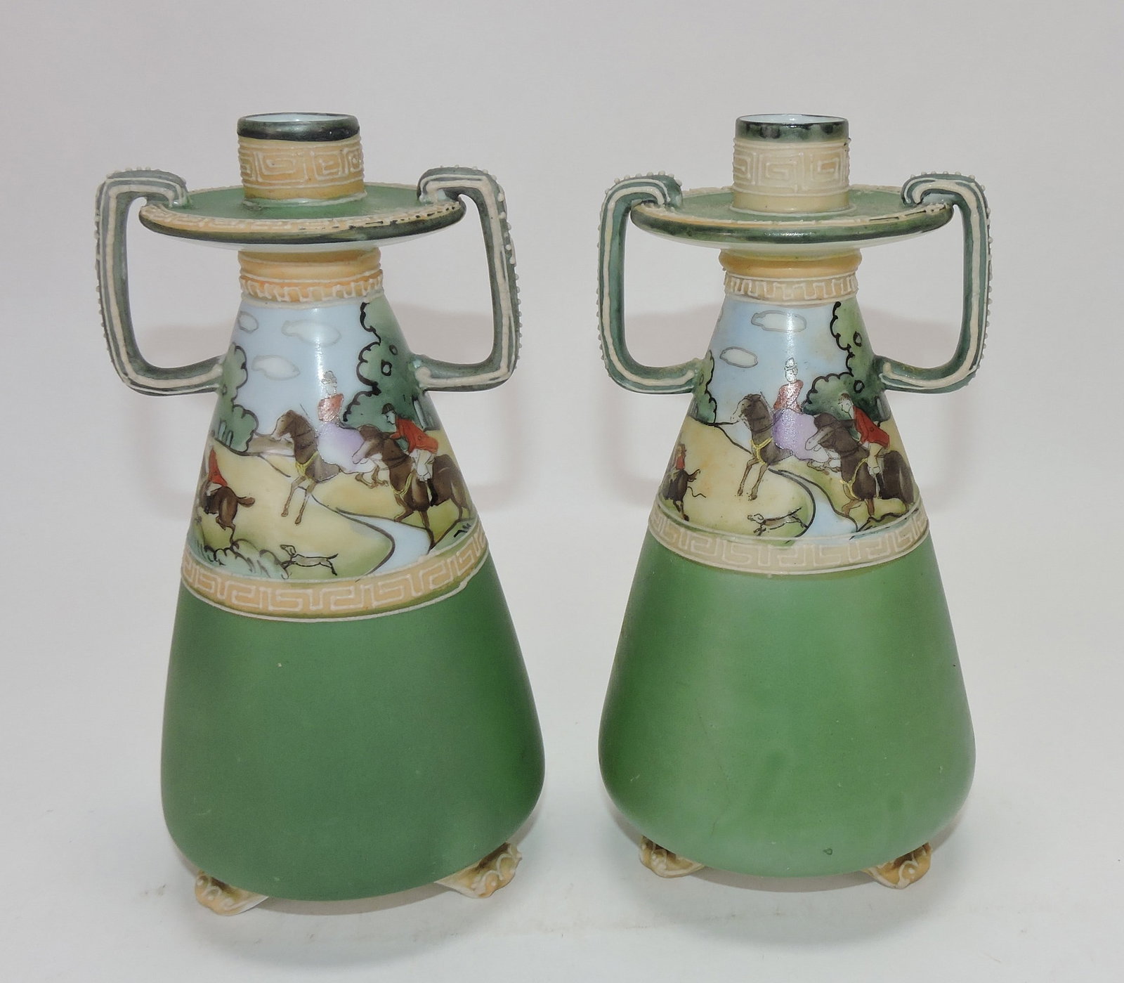 Nippon Fox Hunt pair of 8" candle holders.: The Dwight & Helen Wilmoth Collection