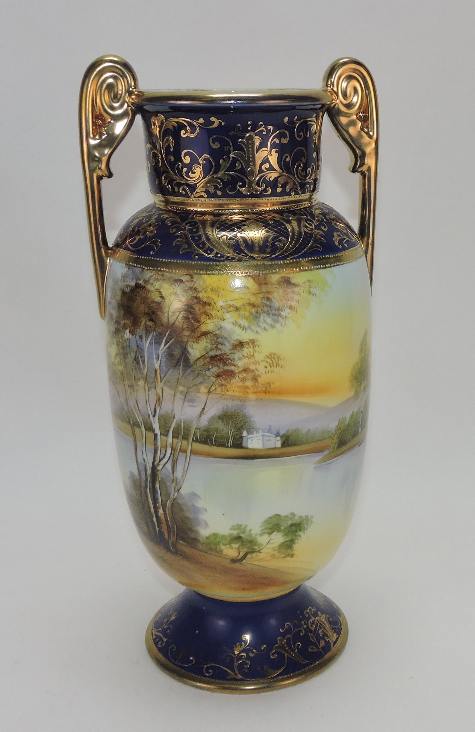 Noritake 13" vase, cobalt and gold: landscape. The Dwight & Helen Wilmoth Collection