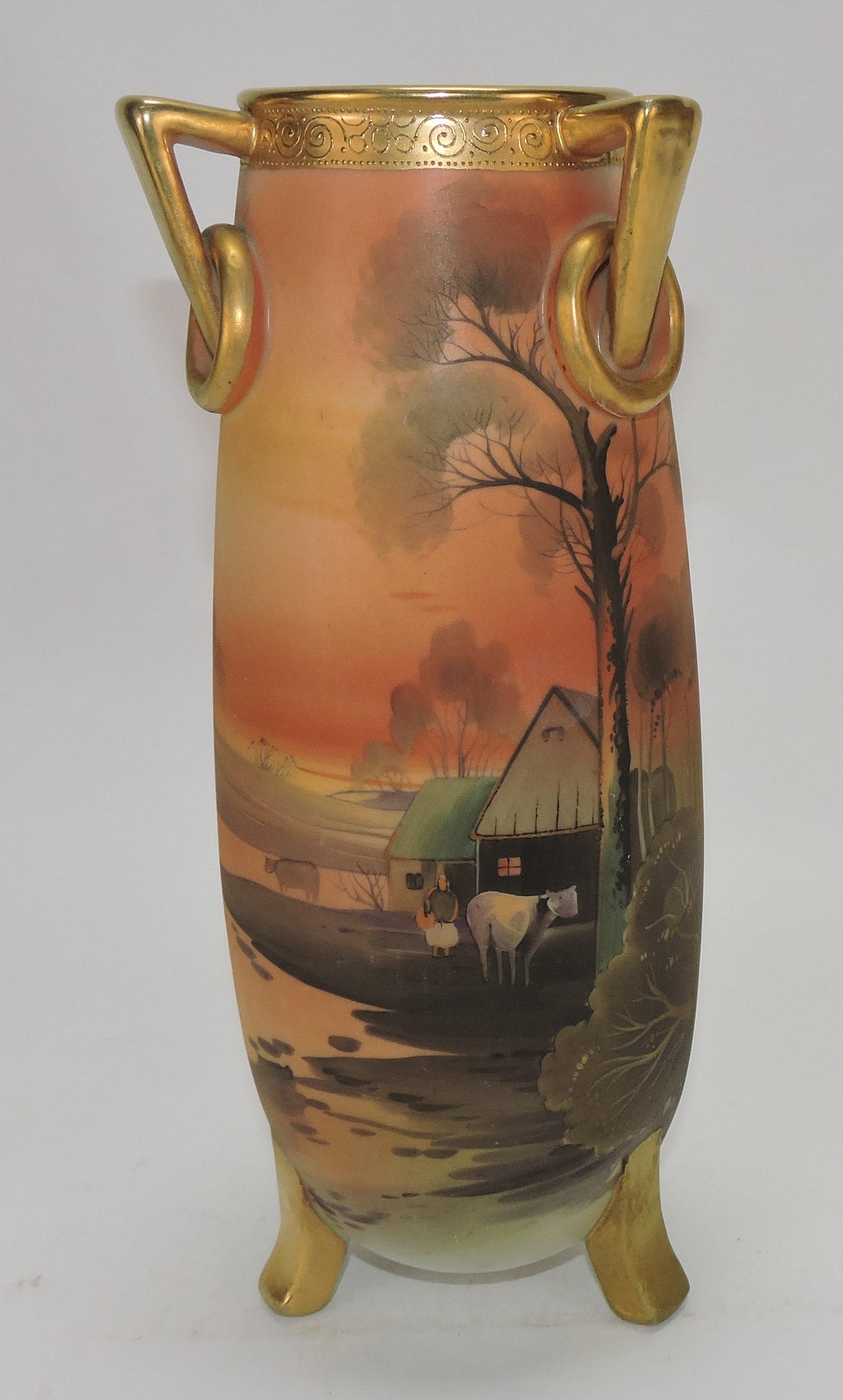 Nippon 11 1/2" vase with barn scene,: foot repair. The Dwight & Helen Wilmoth Collection