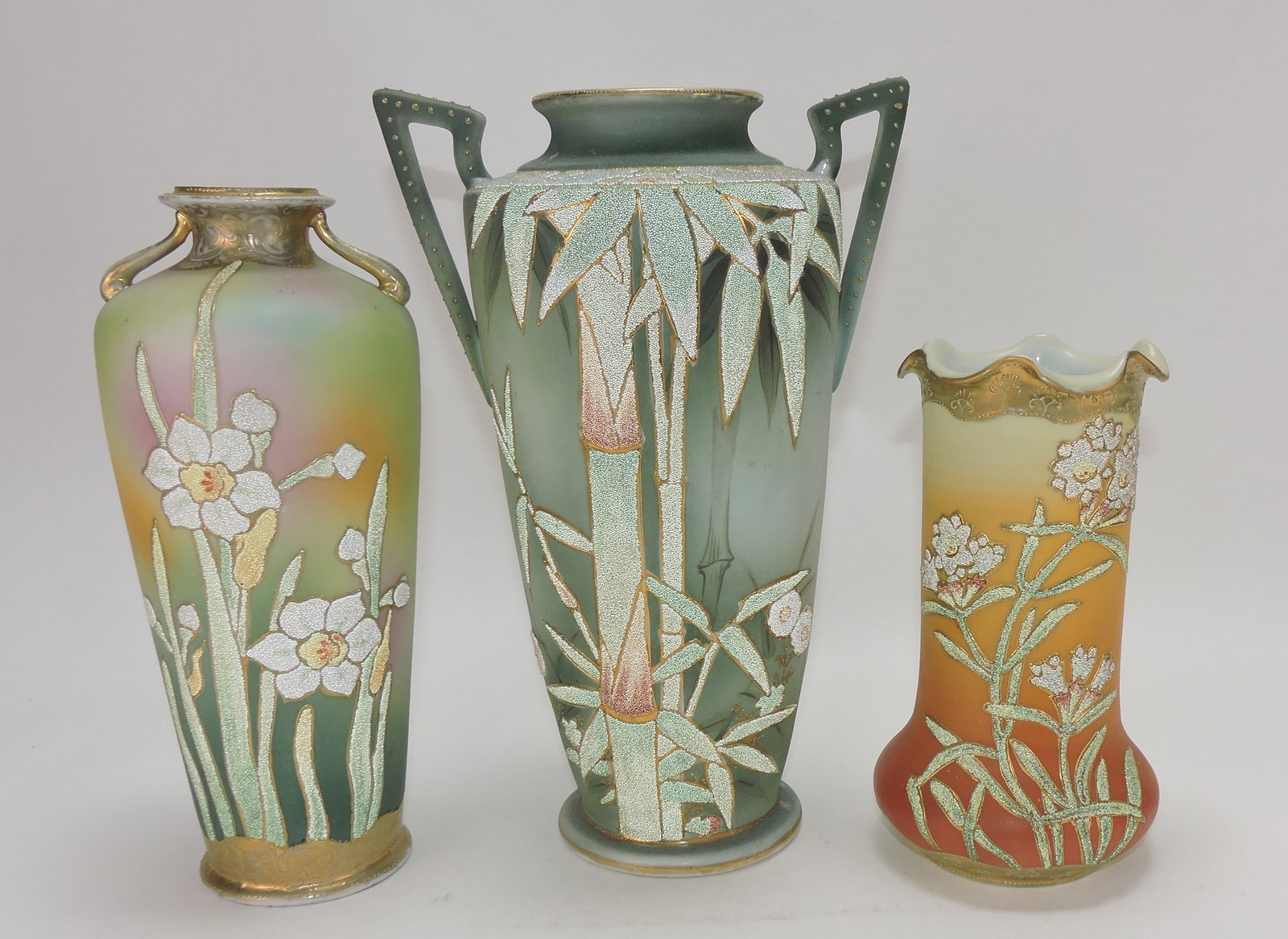 Nippon Coralene lot of 3 vases,: 8 1/2" to 12". The Dwight & Helen Wilmoth Collection