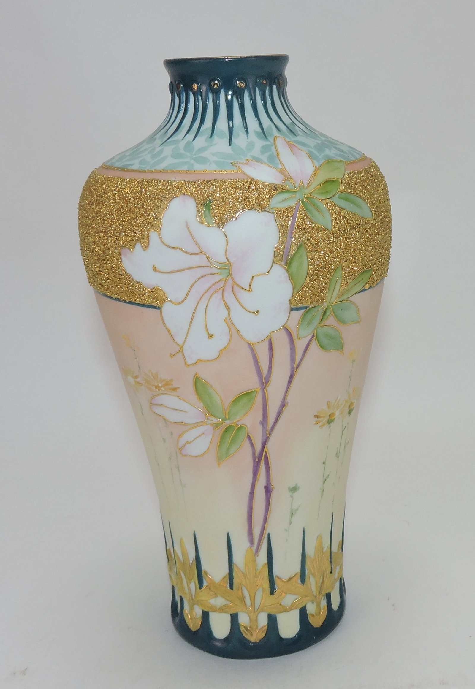 Heubach fine porcelain vase with: heavy gold, 9 1/2". The Dwight & Helen Wilmoth Collection