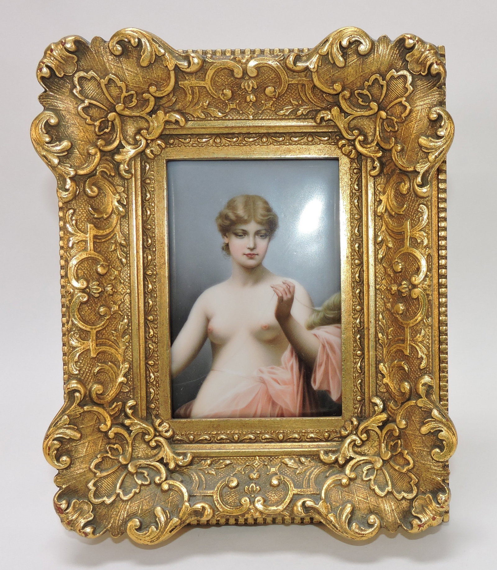 Porcelain plaque of nude lady,: 5 1/2"hx4"w tile, 10"x8" frame