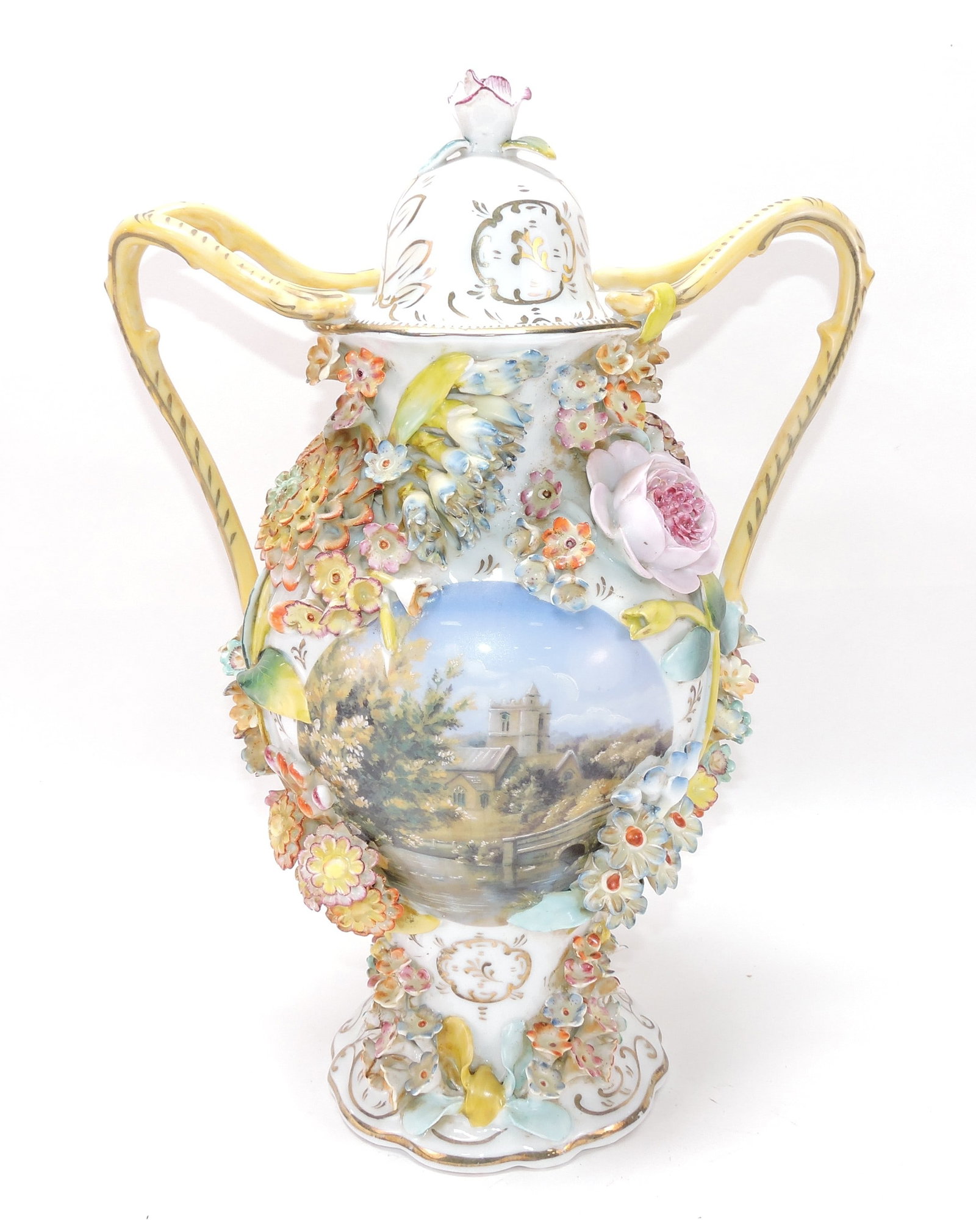 French Jacob Petit fine porcelain urn: with applied flowers and painted scene on each side, 16"