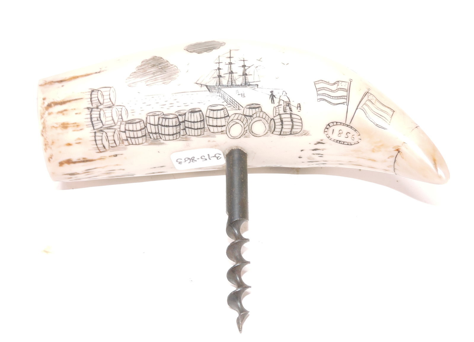 Contemporary scrimshaw corkscrew: with maritime scenes