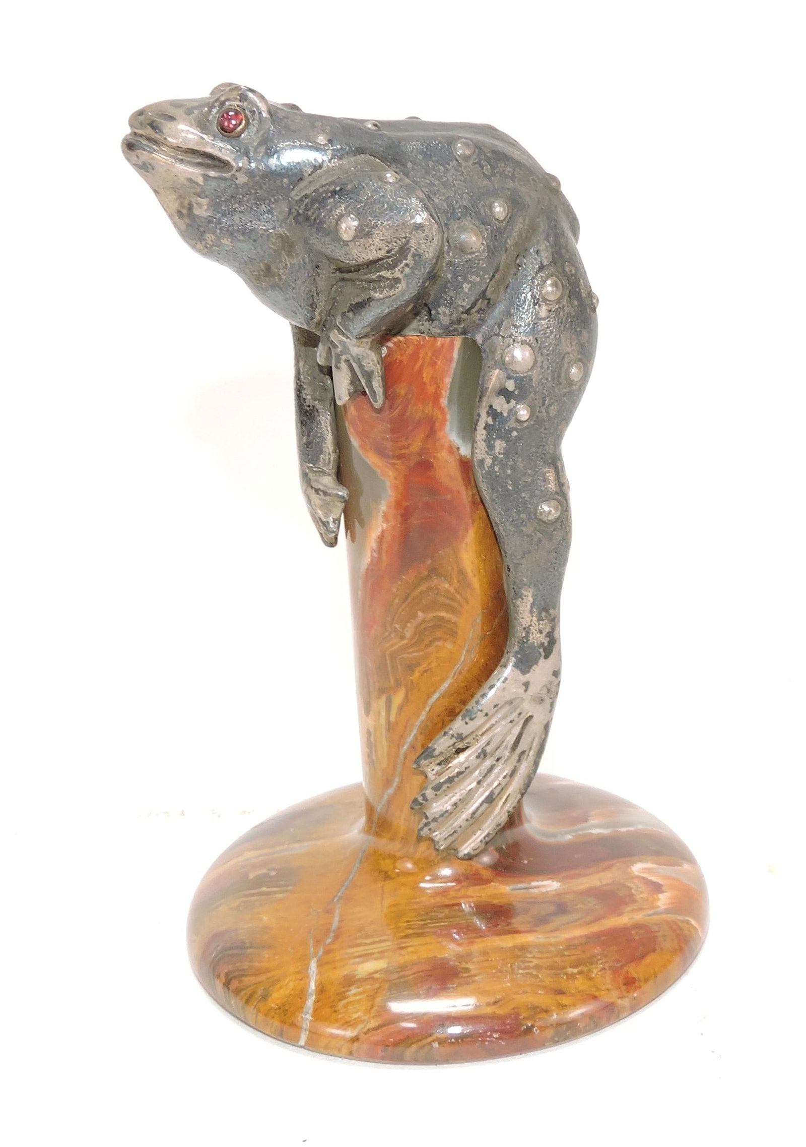 Silver gilted bronze frog with red glass: eyes on alabaster base, 5"