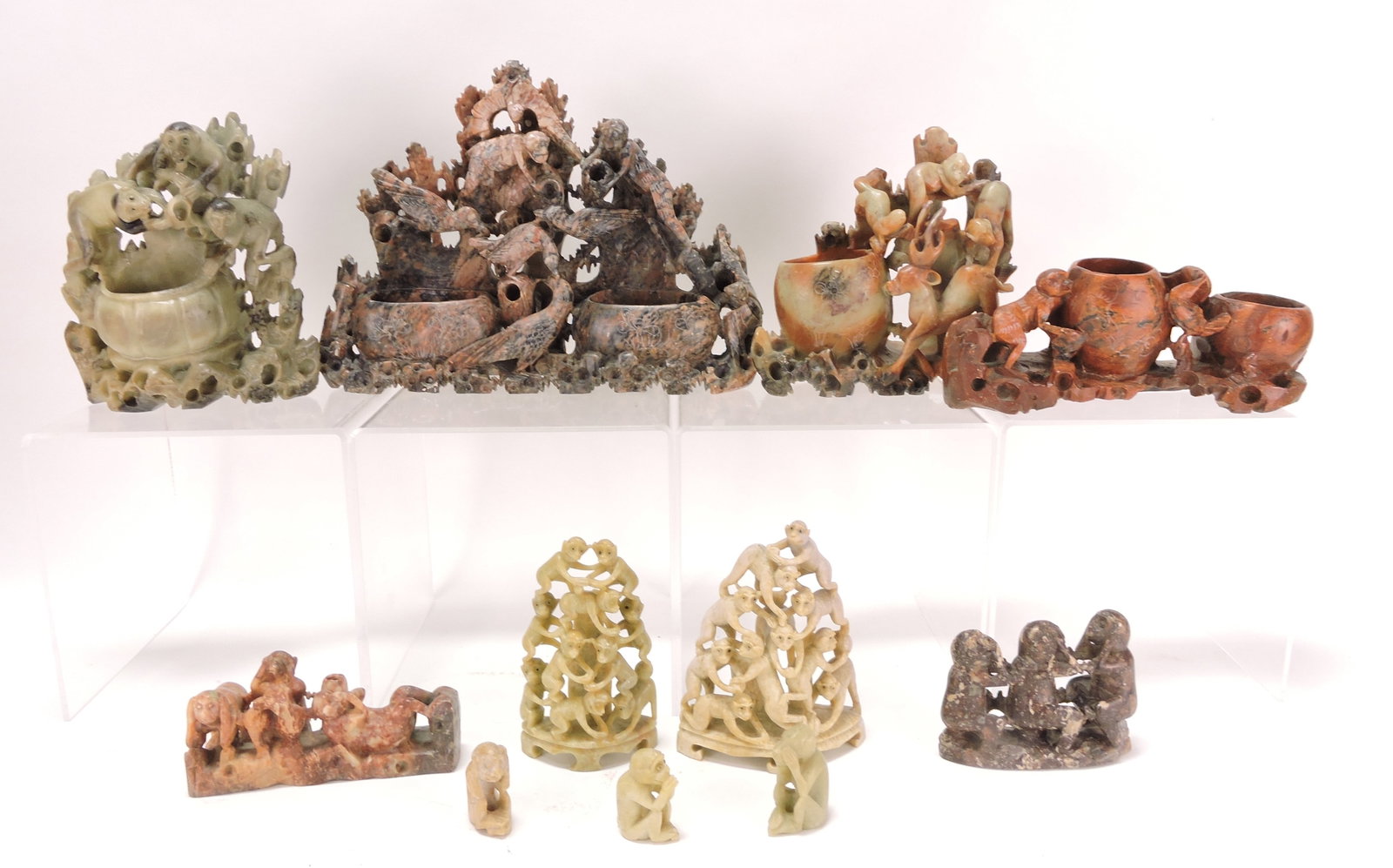 Carved soapstone lot of 11 pieces: with monkeys, 1 1/2" to 7"