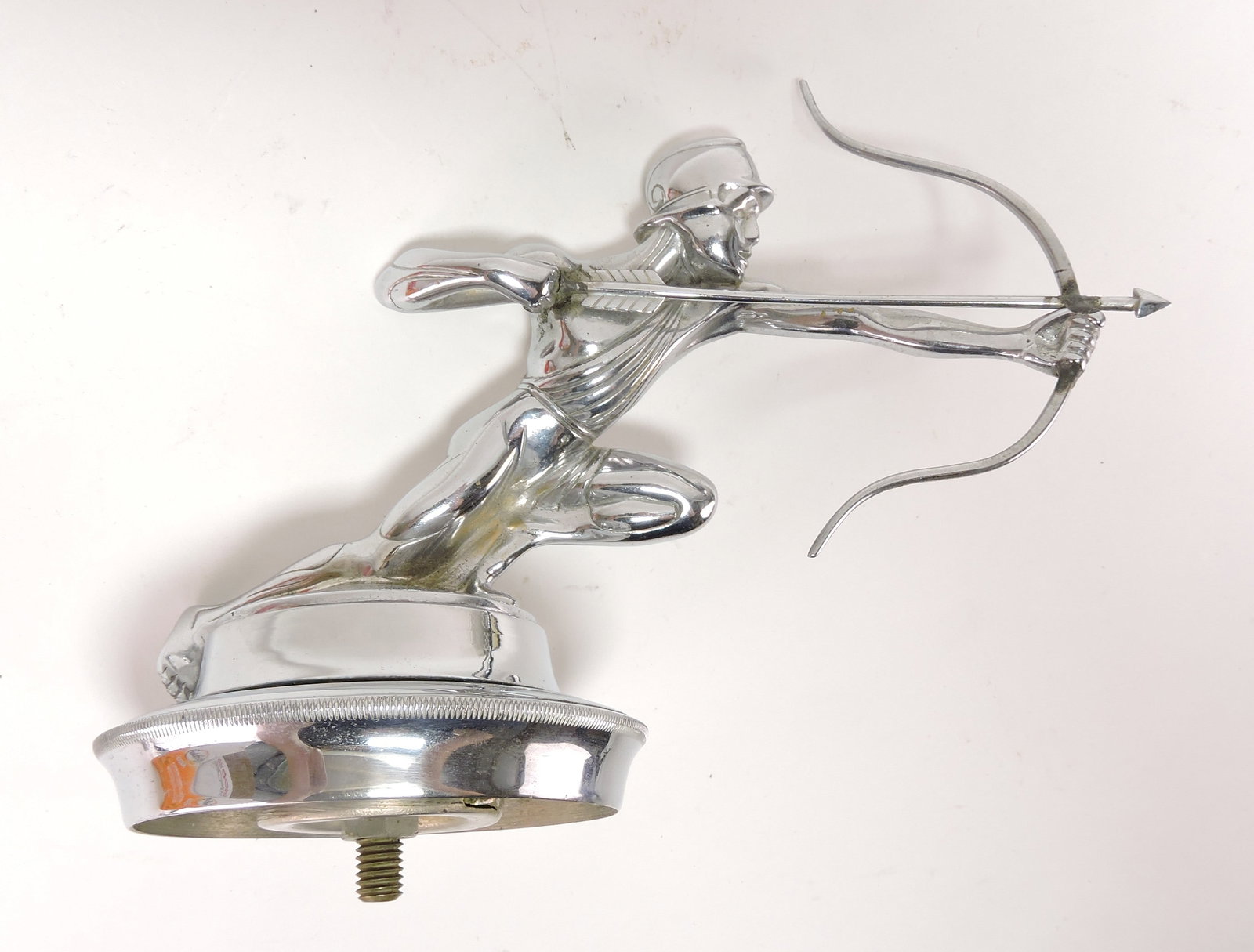 Vintage chrome plated hood ornament: depicting Mercury with bow and arrow, 6"