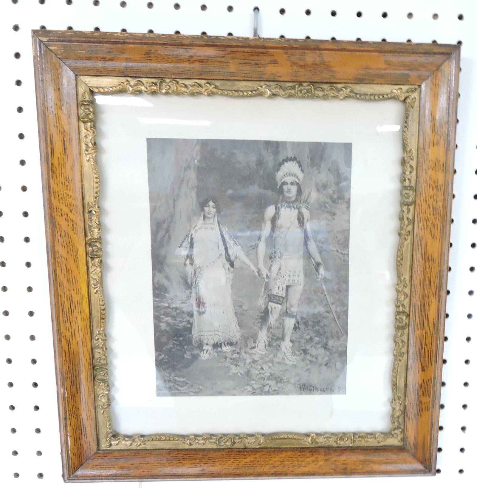 Oak framed print of Indian chief and: maiden, 17"x15"