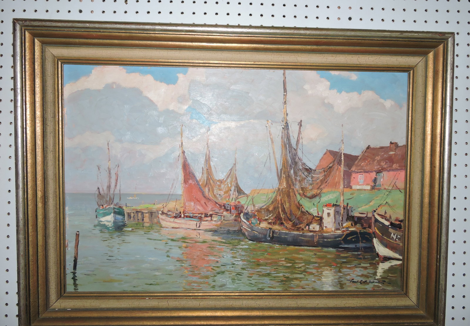 Oil on canvas of harbor scene, (1 of 1)